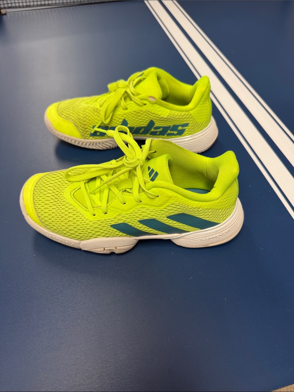 adidas Kids Neon Yellow Sneakers with Teal Three-Stripes BEST OFFER